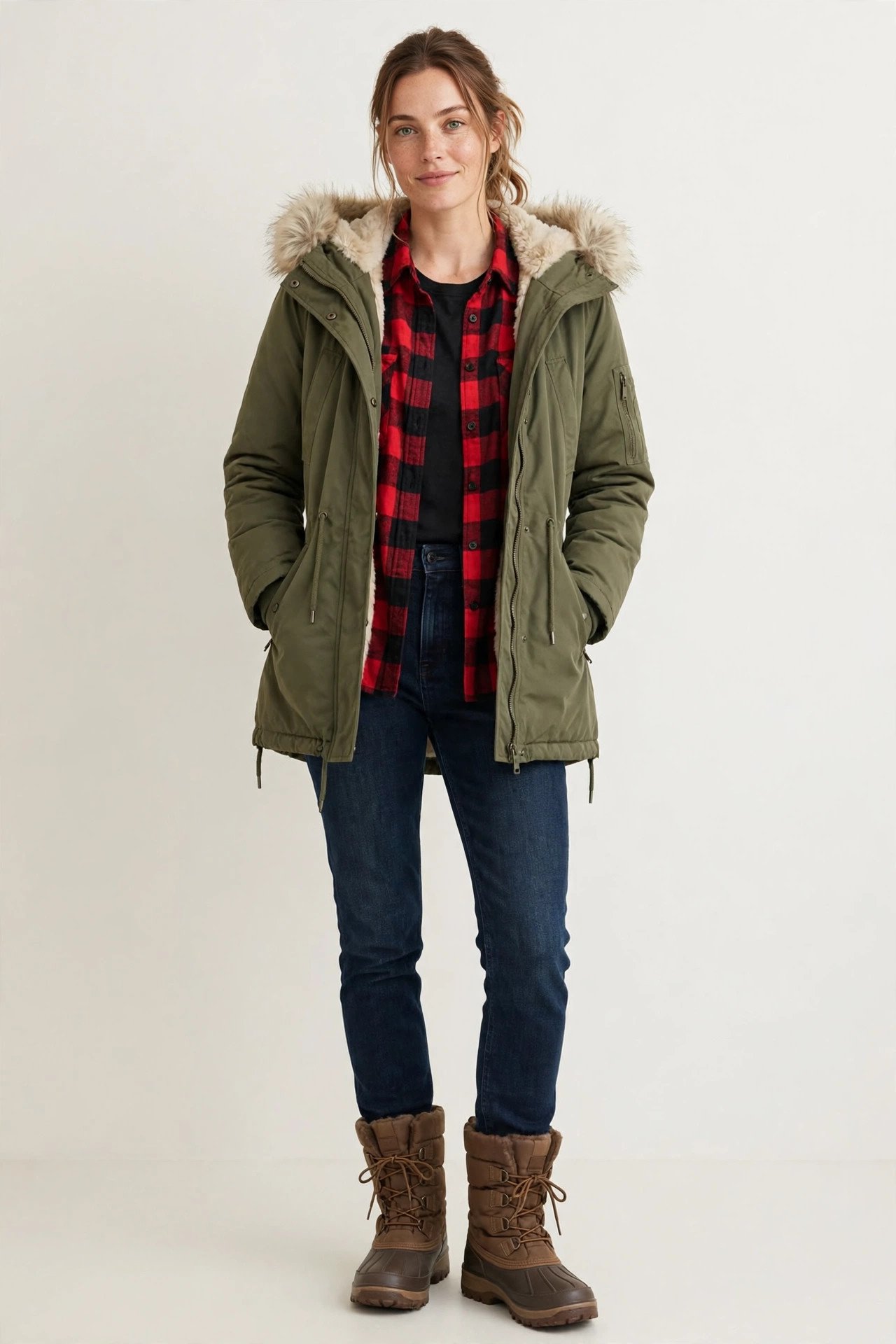 winter outfits for women - olive parka with flannel shirt and jeans