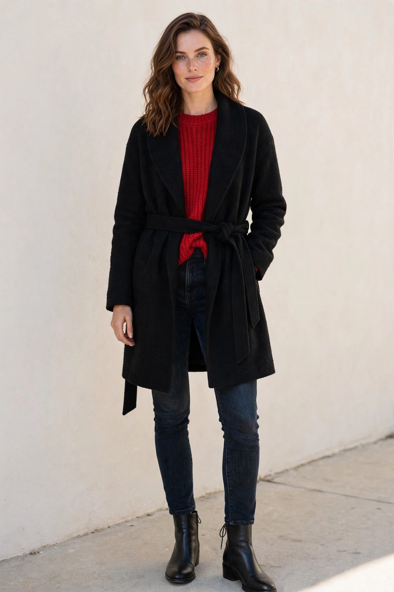 winter outfits for women - black wrap coat with red sweater and jeans
