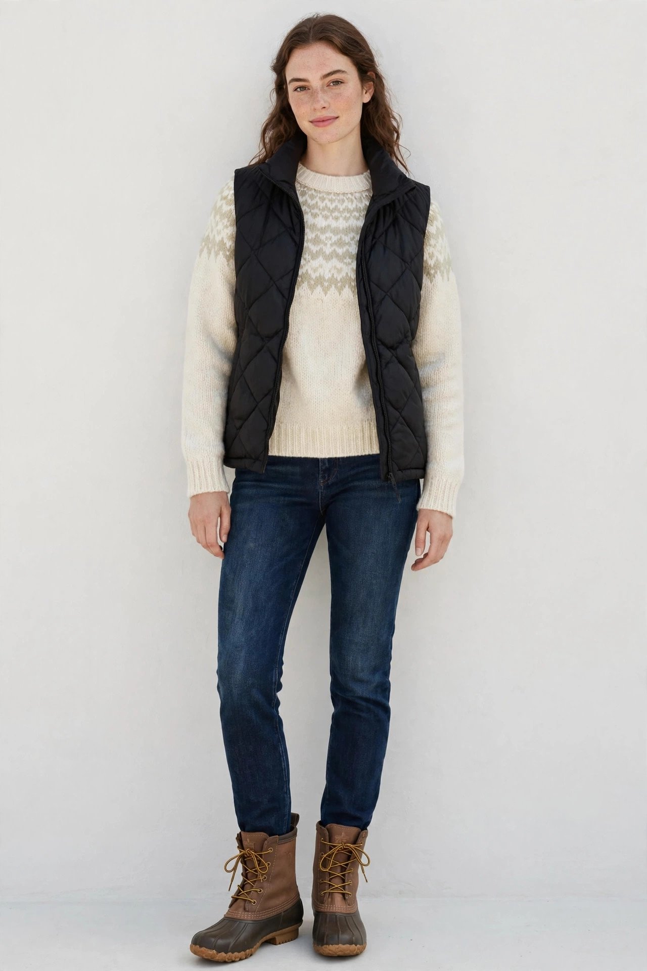 winter outfits for women - fair isle sweater with puffer vest