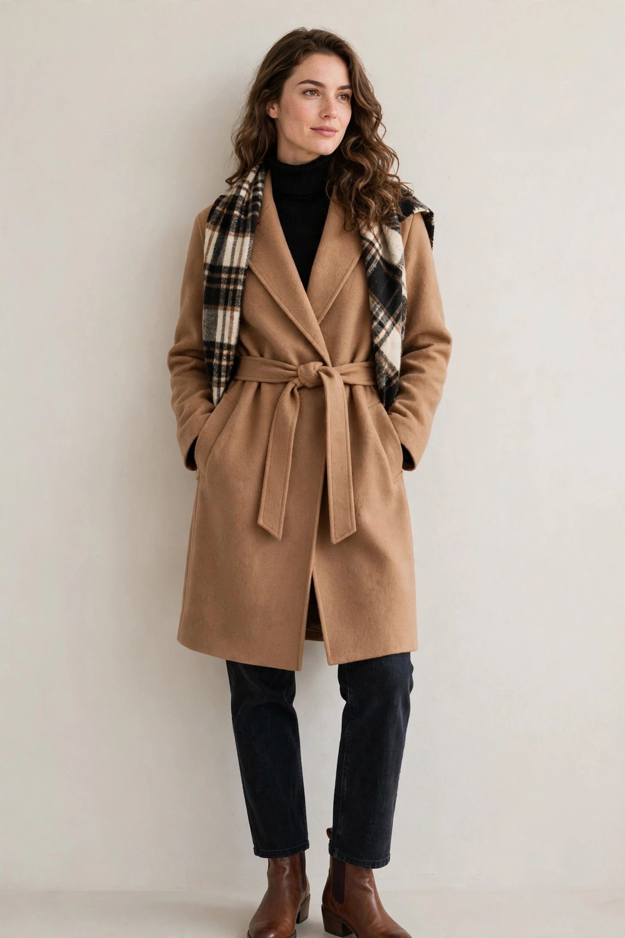 winter outfits for women - camel wool coat with turtleneck and jeans
