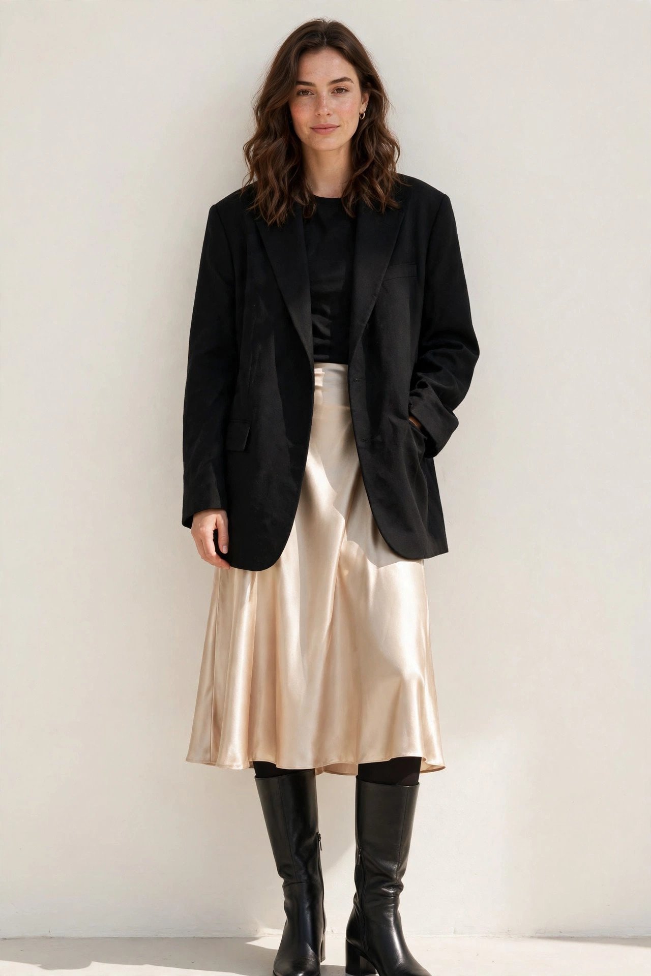 winter outfits for women - oversized blazer with satin skirt and boots