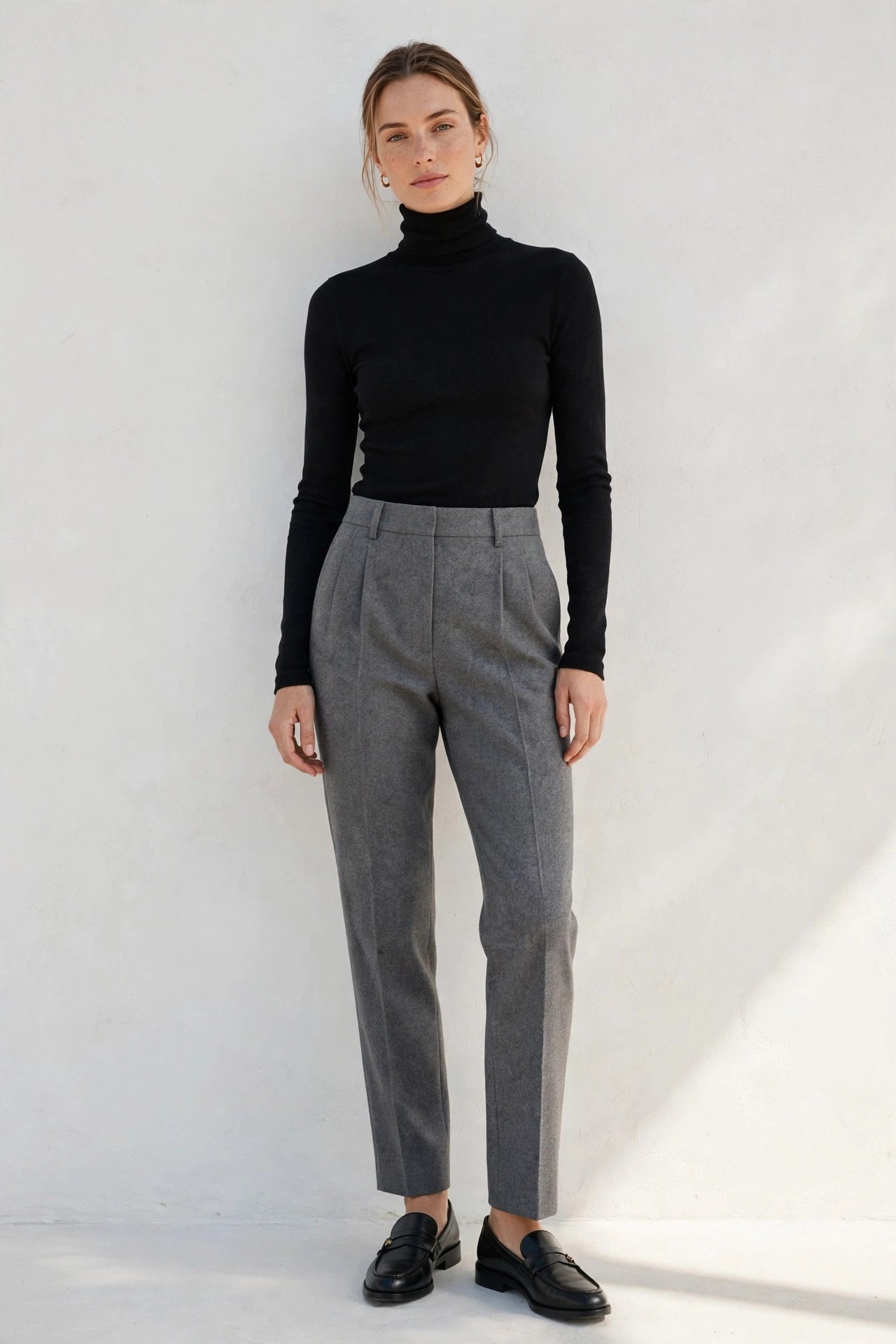 winter outfits for women - turtleneck bodysuit with wool trousers