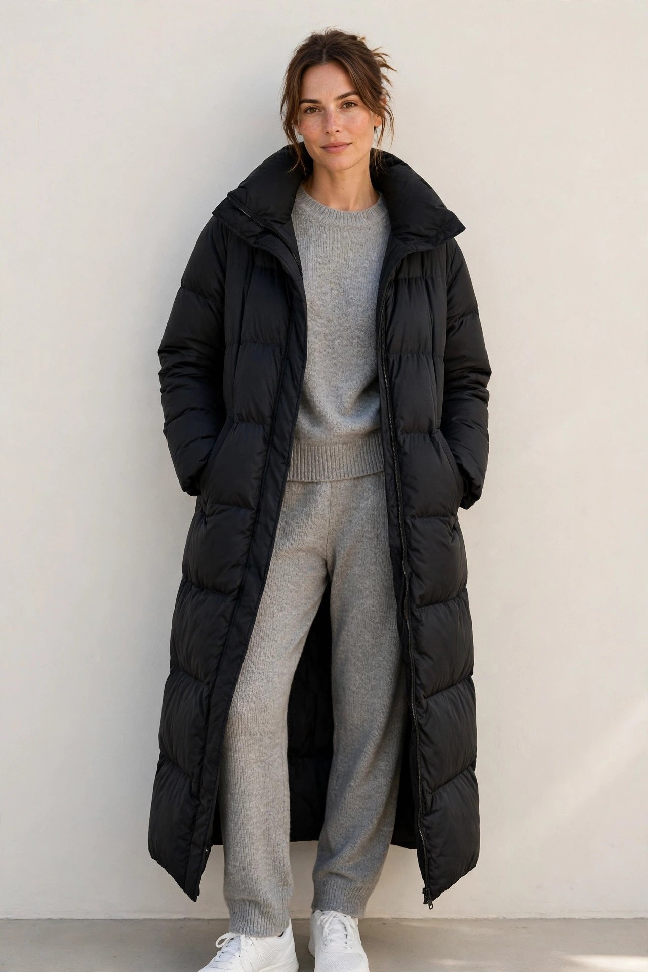 winter outfits for women - long puffer coat with matching knit set
