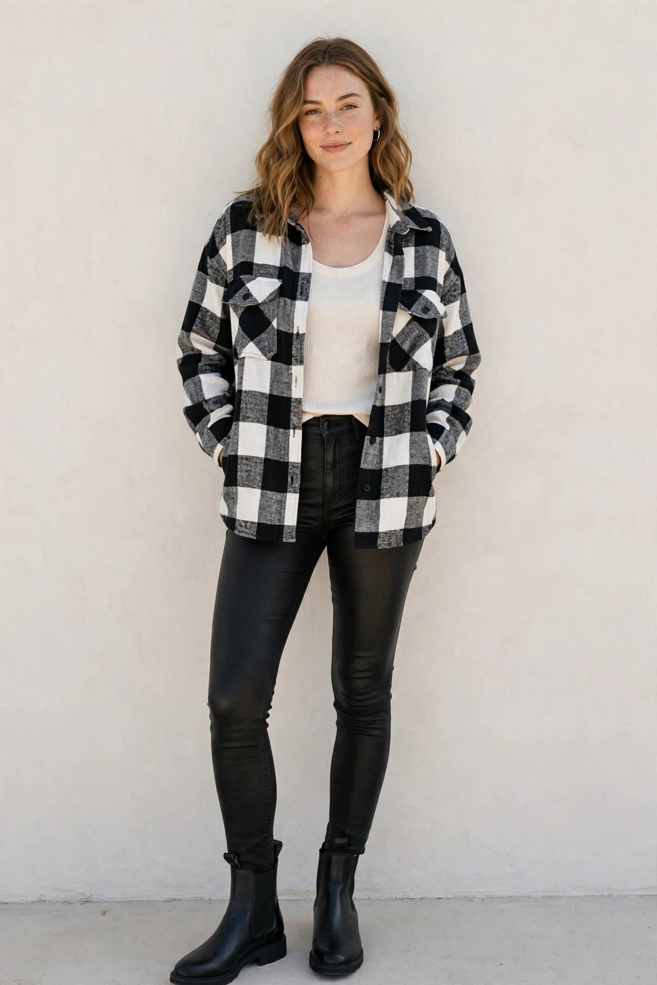 winter outfits for women - plaid shacket with thermal and coated jeans