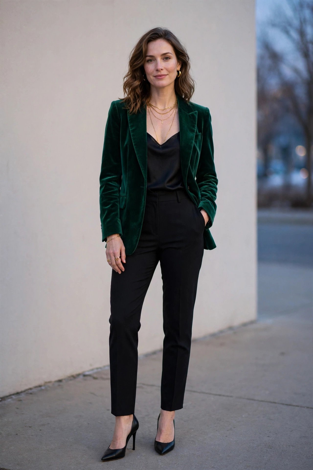 winter outfits for women - velvet blazer with black pants for winter evenings