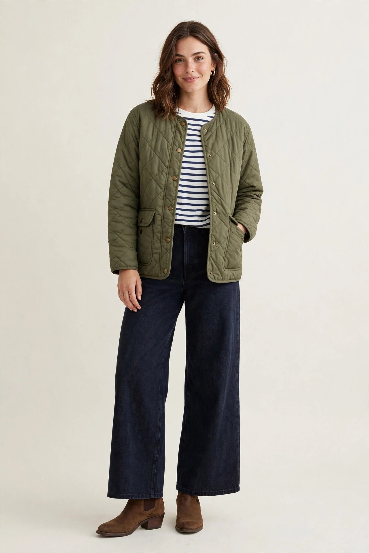 winter outfits for women - quilted barn jacket with wide leg jeans