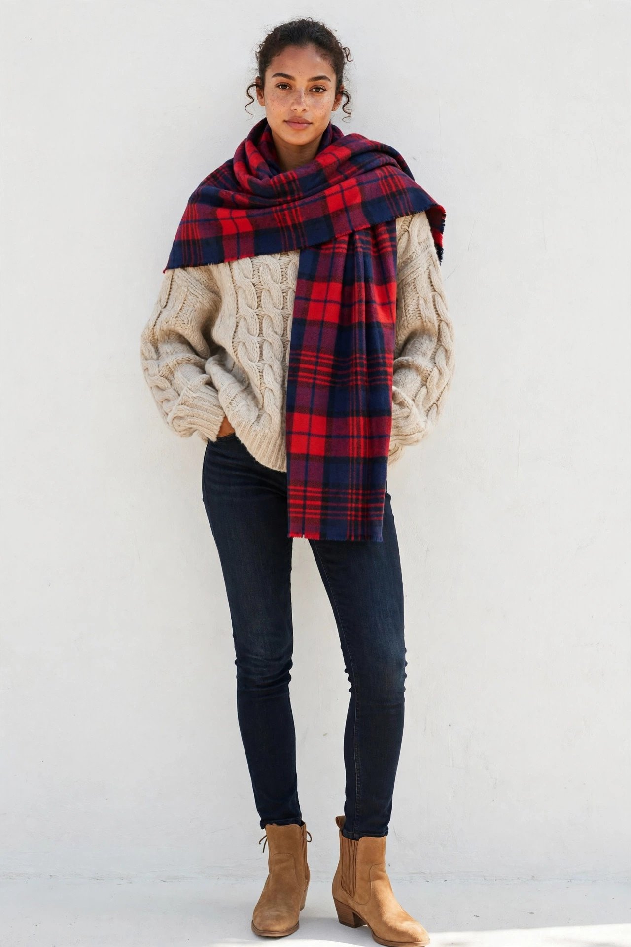 winter outfits for women - oversized sweater with plaid blanket scarf