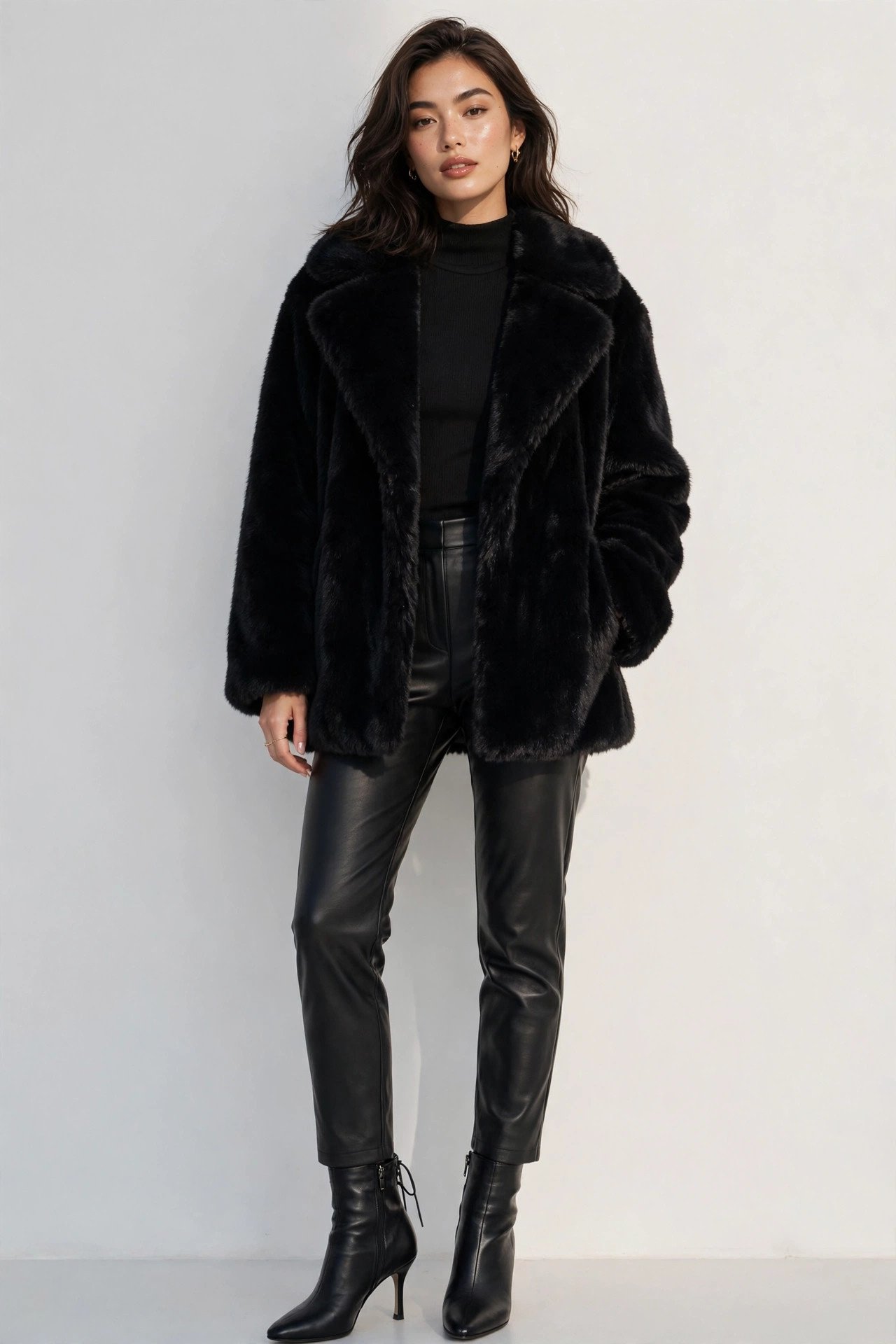 winter outfits for women - black faux fur coat with leather pants