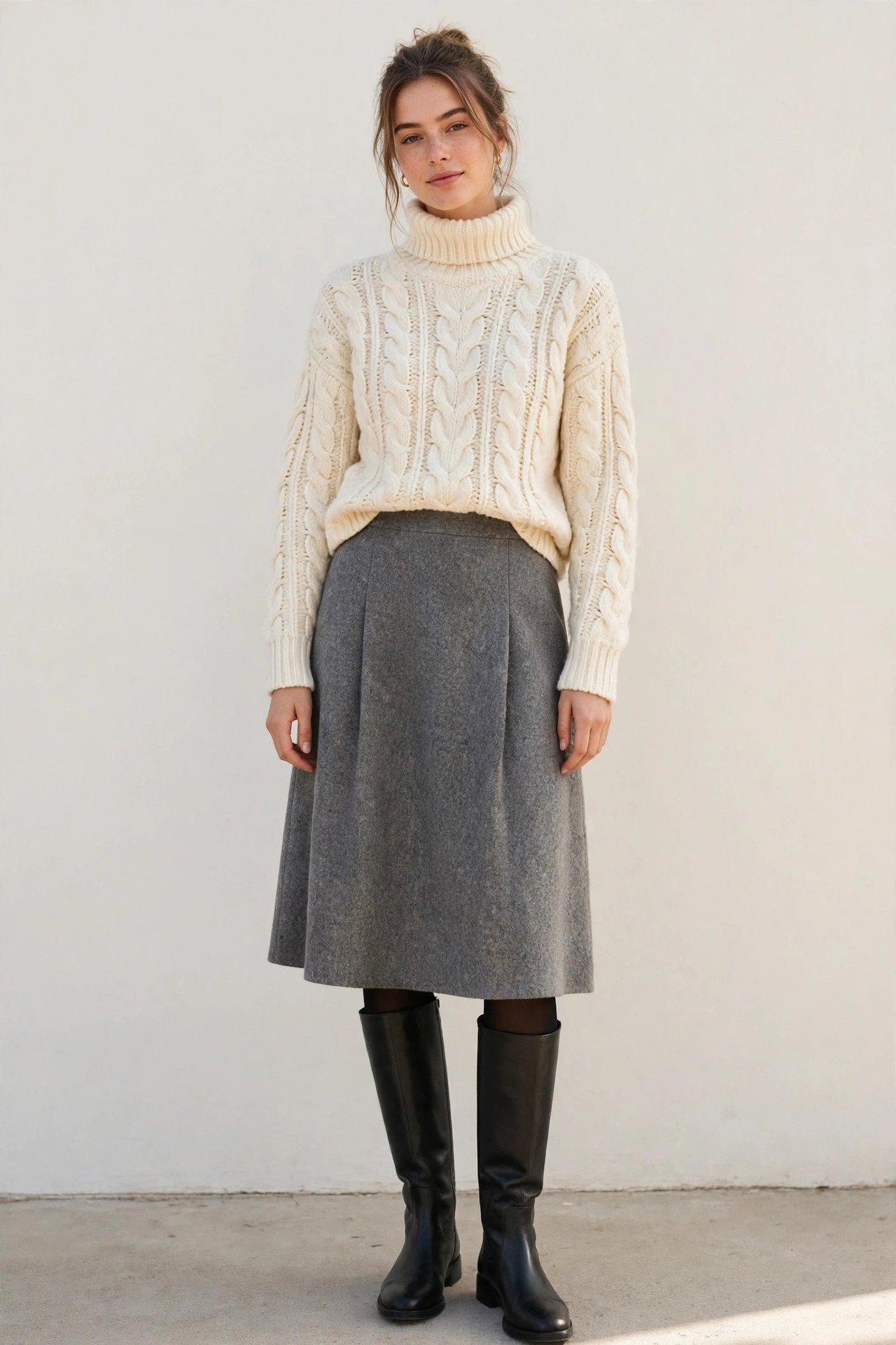 winter outfits for women - chunky turtleneck with wool midi skirt and tights
