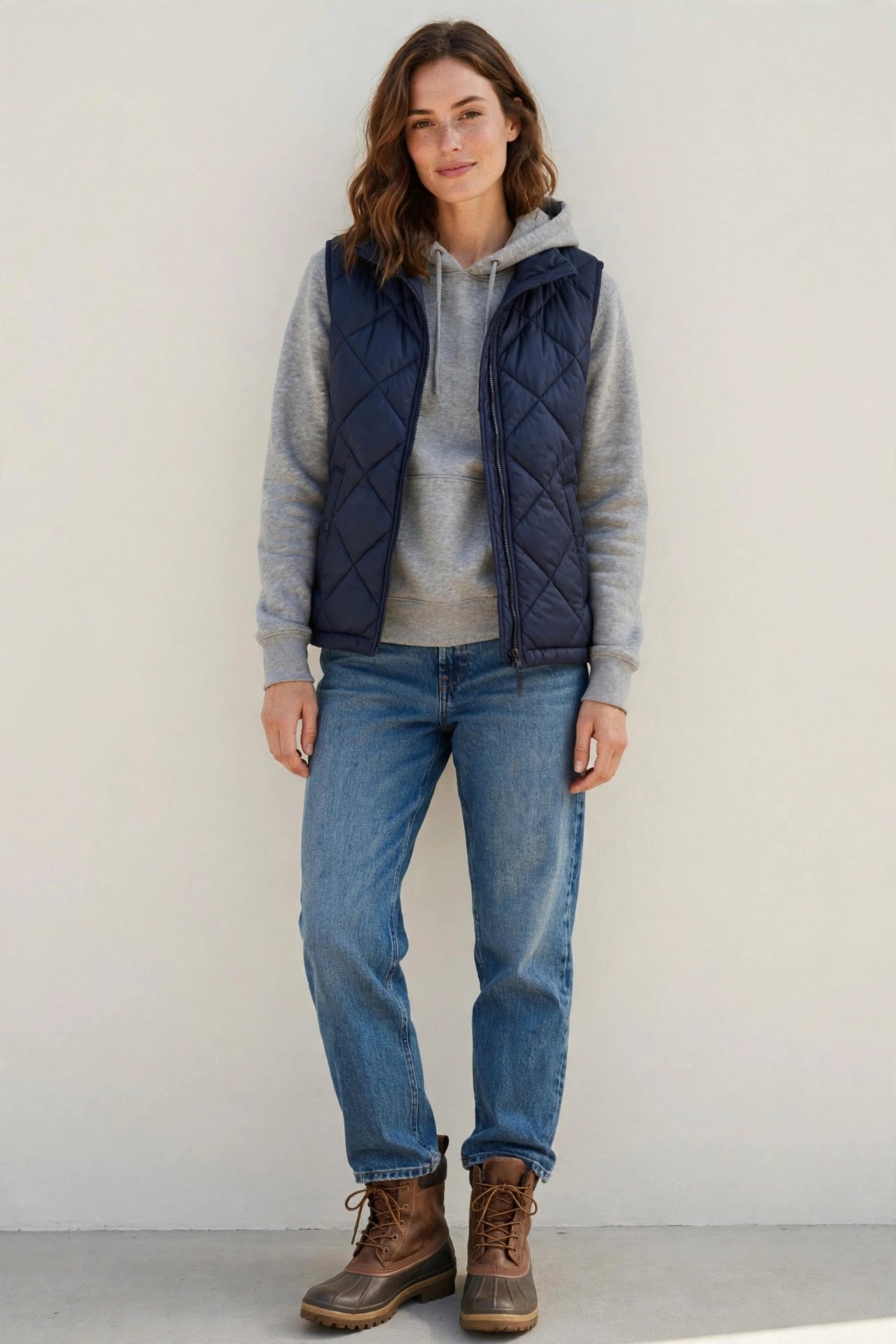winter outfits for women - quilted vest over hoodie with jeans