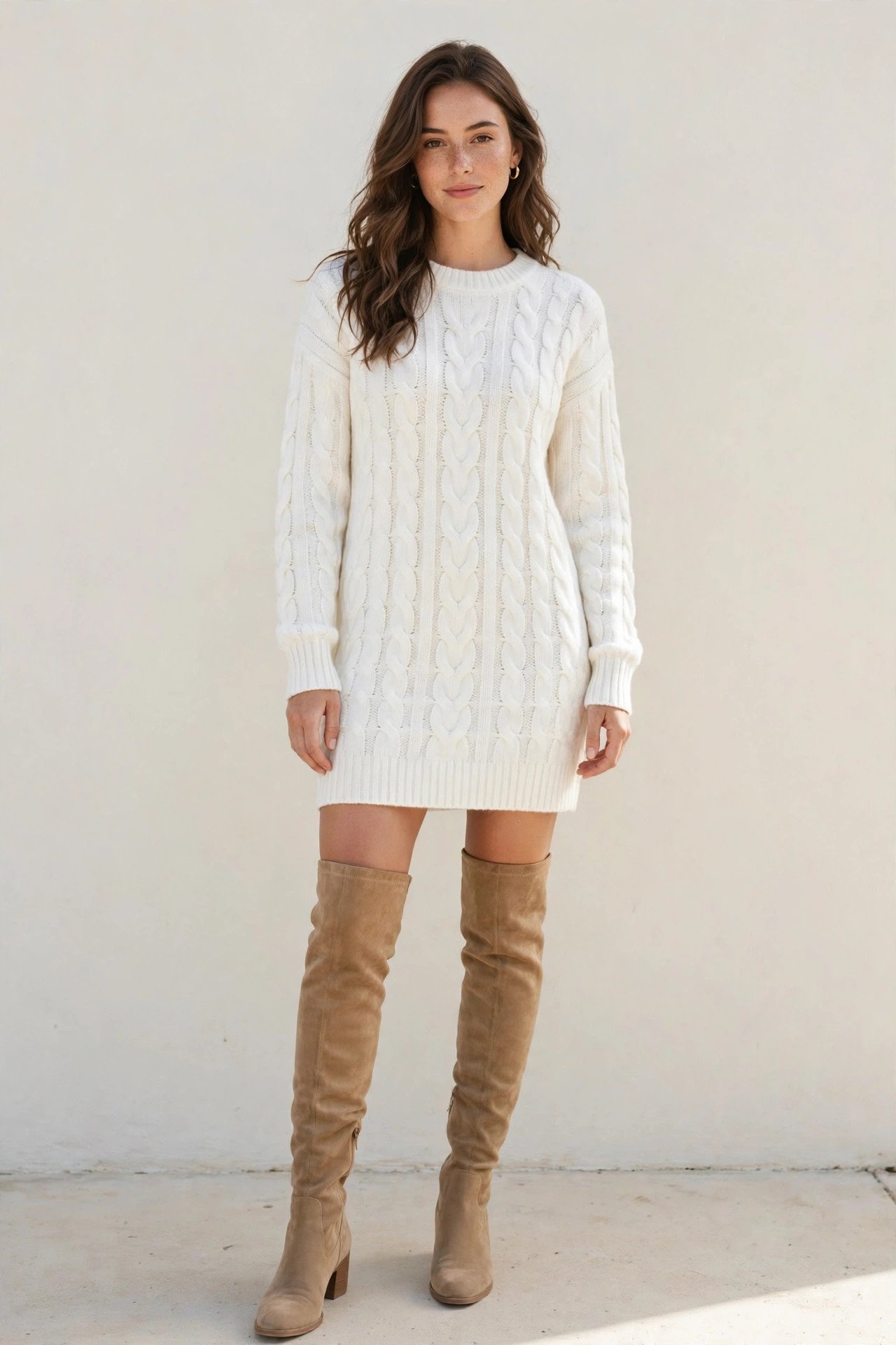 winter outfits for women - white sweater dress with over the knee boots