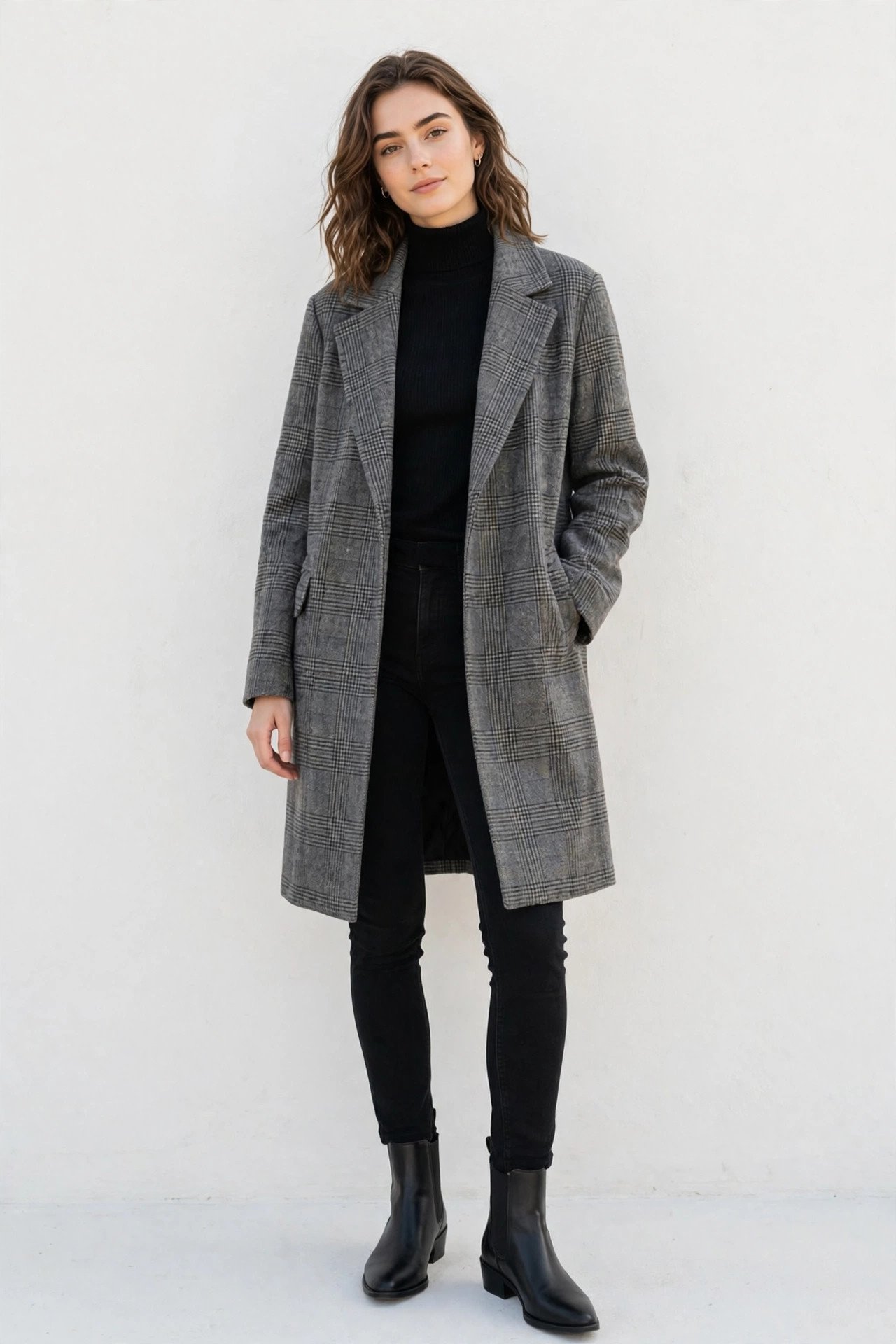 winter outfits for women - grey plaid coat with monochrome winter layers