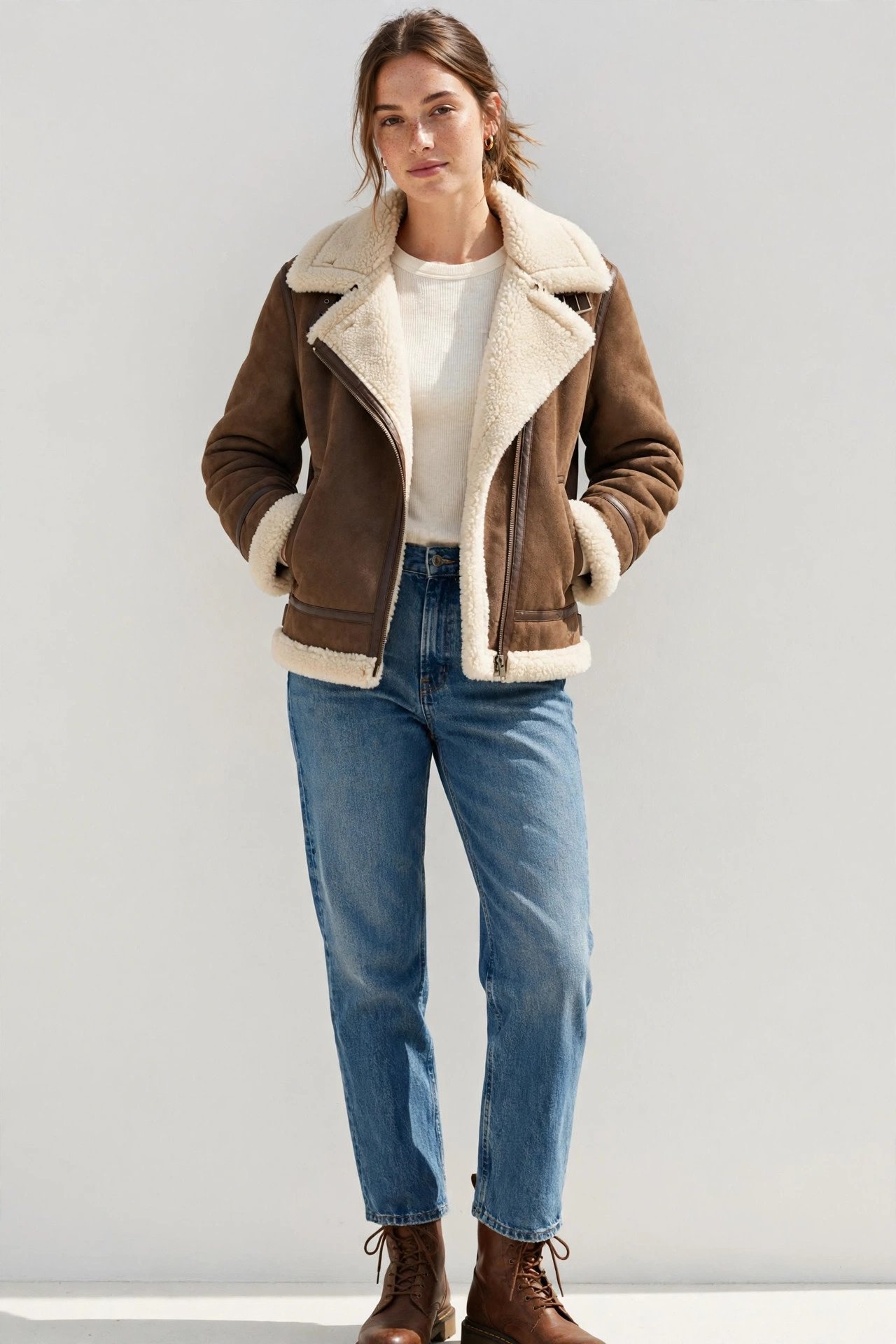 winter outfits for women - shearling aviator jacket with straight leg jeans