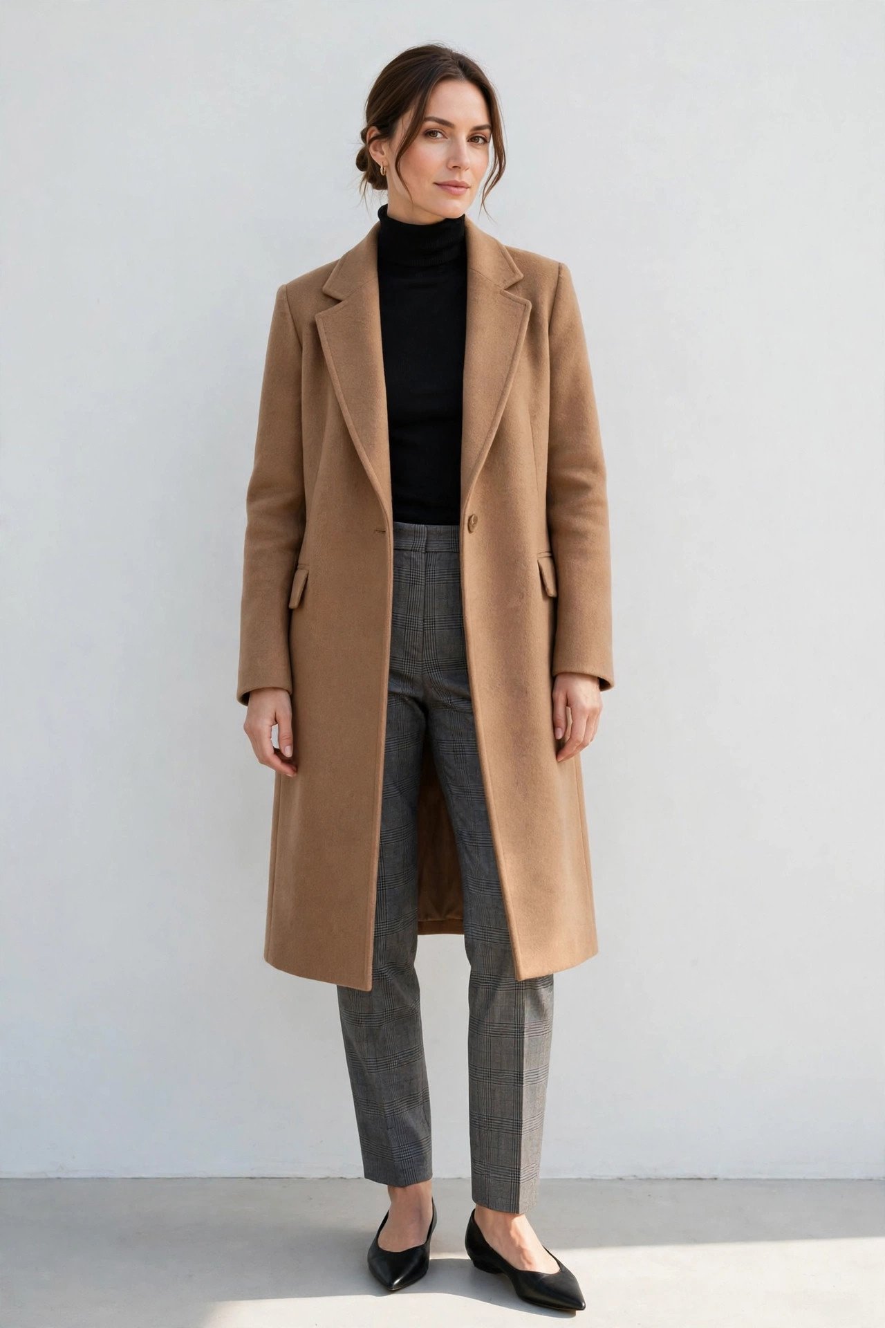 winter work outfits for women - camel coat with plaid trousers