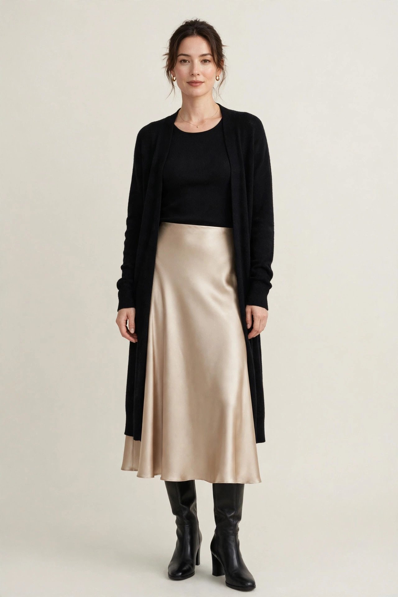 winter work outfits for women - long cardigan with slip skirt and boots