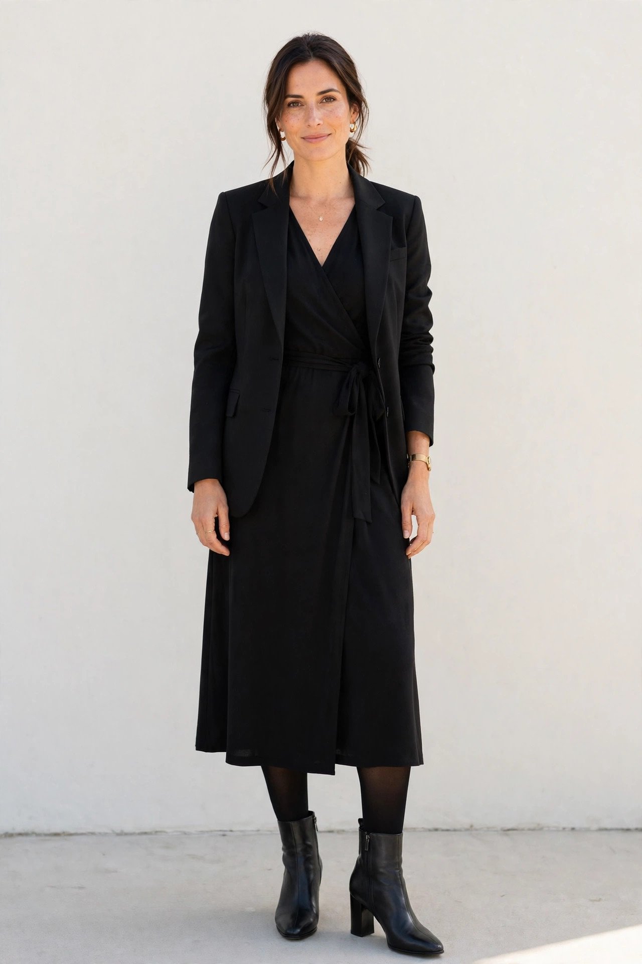 winter work outfits for women - black wrap dress with blazer