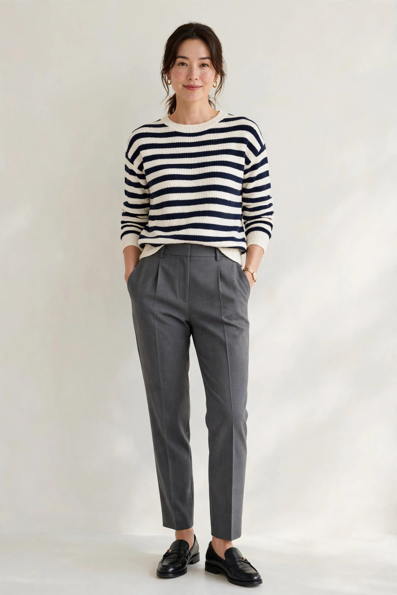 winter work outfits for women - striped sweater with tailored trousers