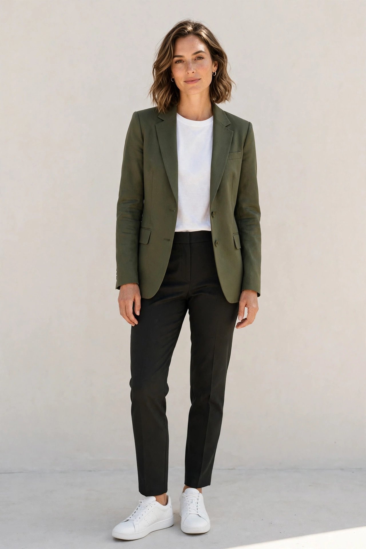 winter work outfits for women - olive blazer with white tee and dark pants