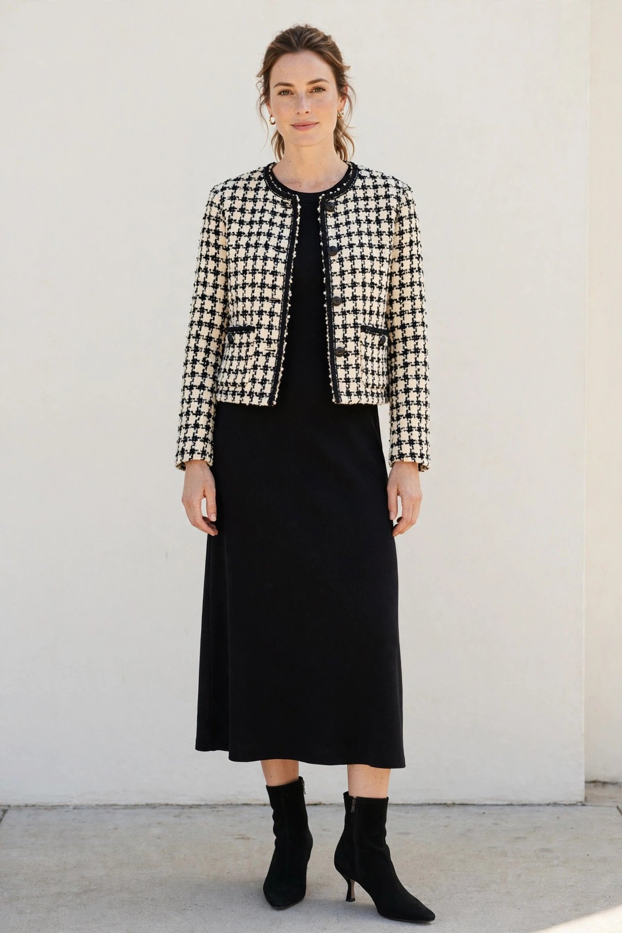 winter work outfits for women - tweed jacket with black dress