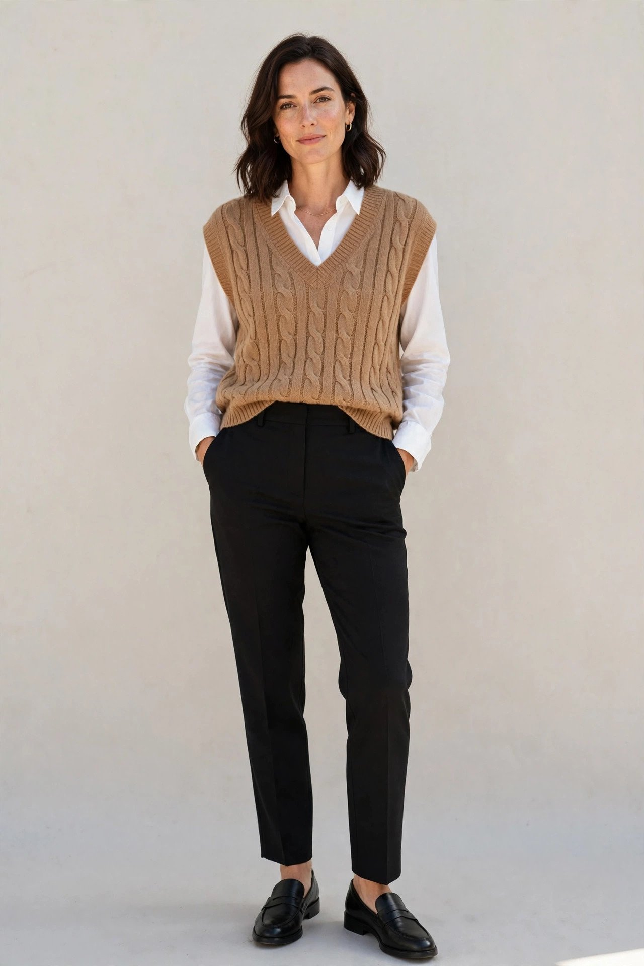 winter work outfits for women - white button down with sweater vest and trousers