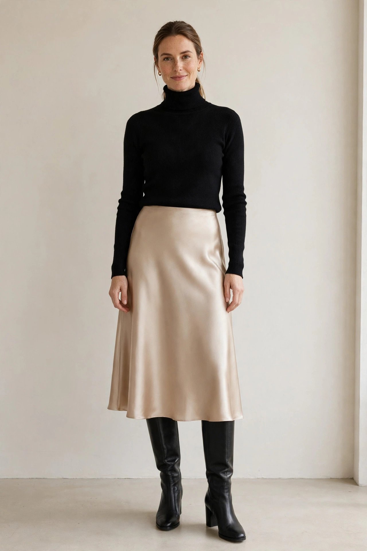 winter work outfits for women - black turtleneck with satin midi skirt