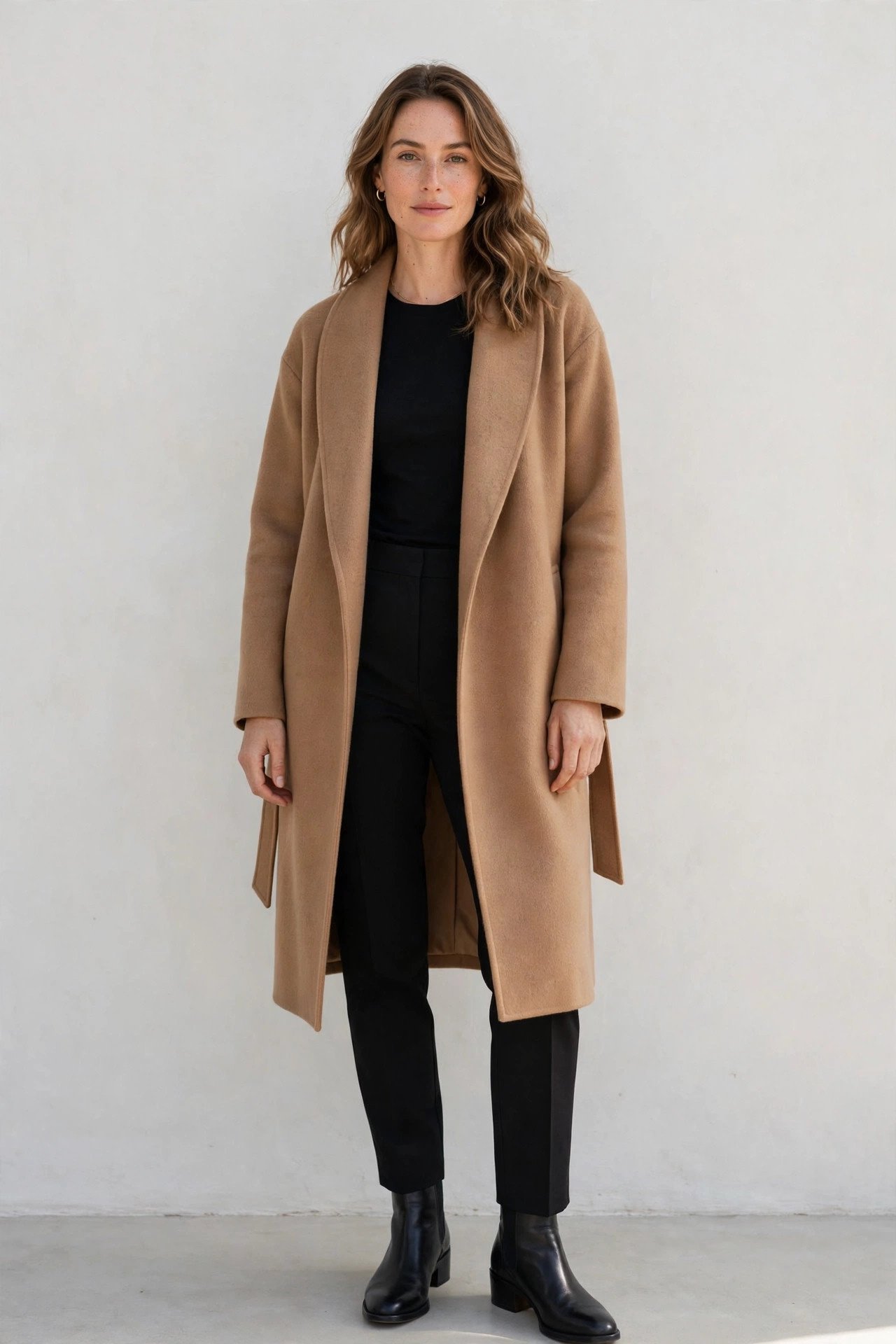 winter work outfits for women - camel wrap coat with monochrome work layers
