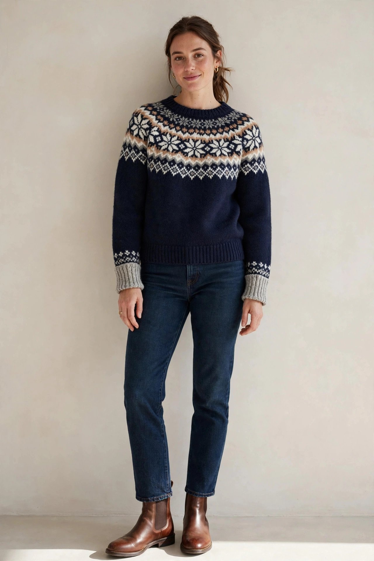 winter work outfits for women - fair isle sweater with dark jeans for casual friday