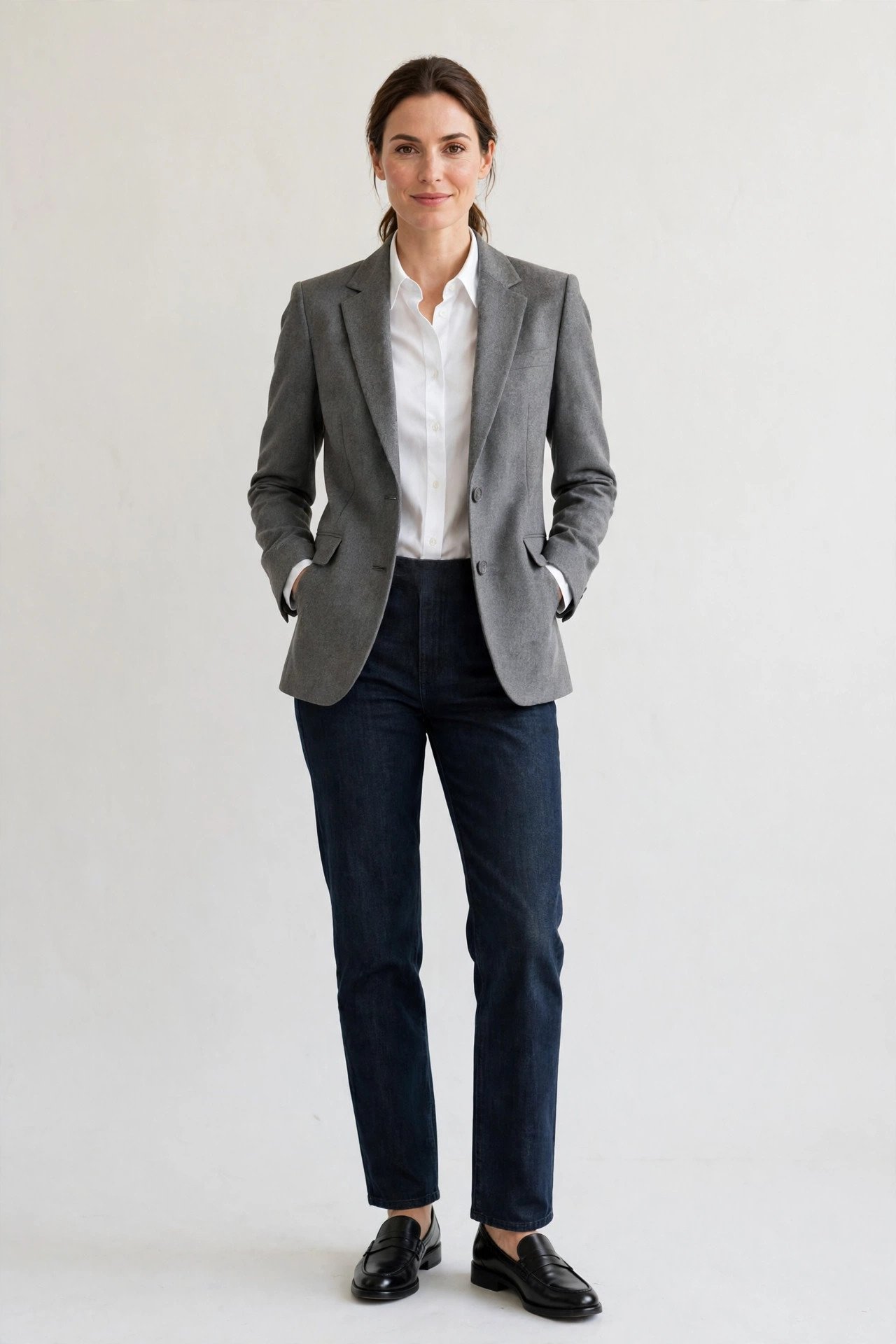 winter work outfits for women - grey blazer with dark jeans for business casual