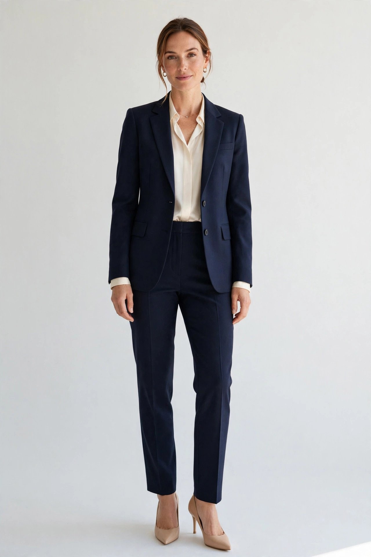 winter work outfits for women - navy suit with cream blouse