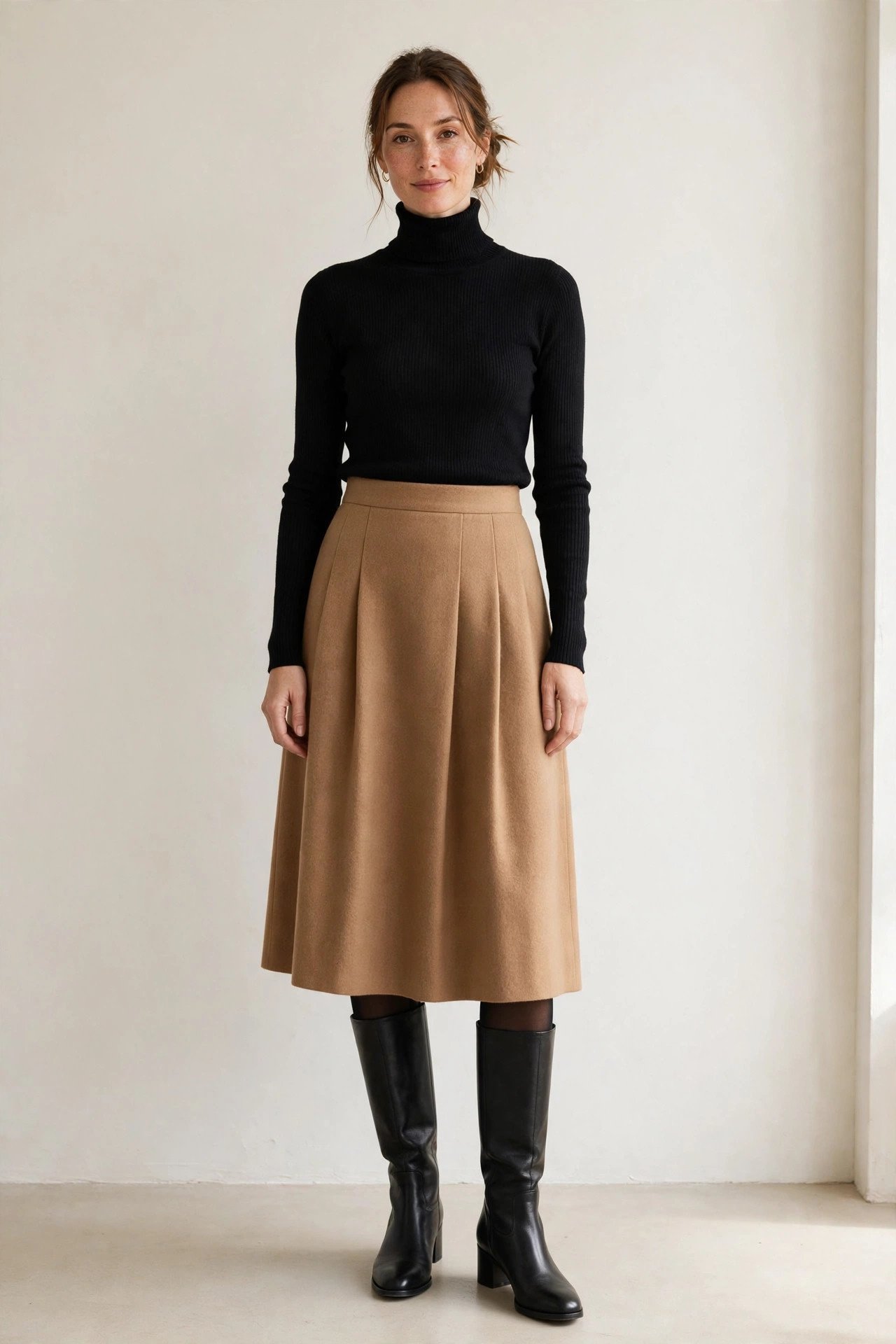 winter work outfits for women - turtleneck with wool midi skirt and boots