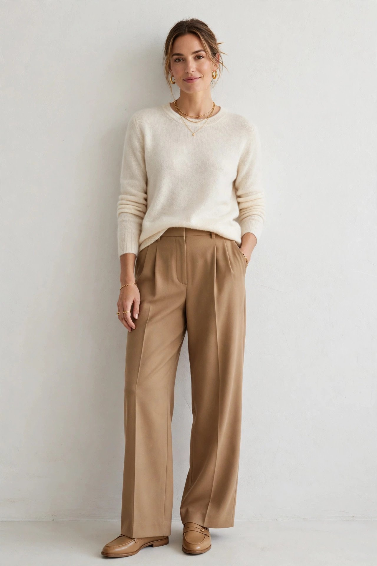 winter work outfits for women - cream sweater with camel trousers