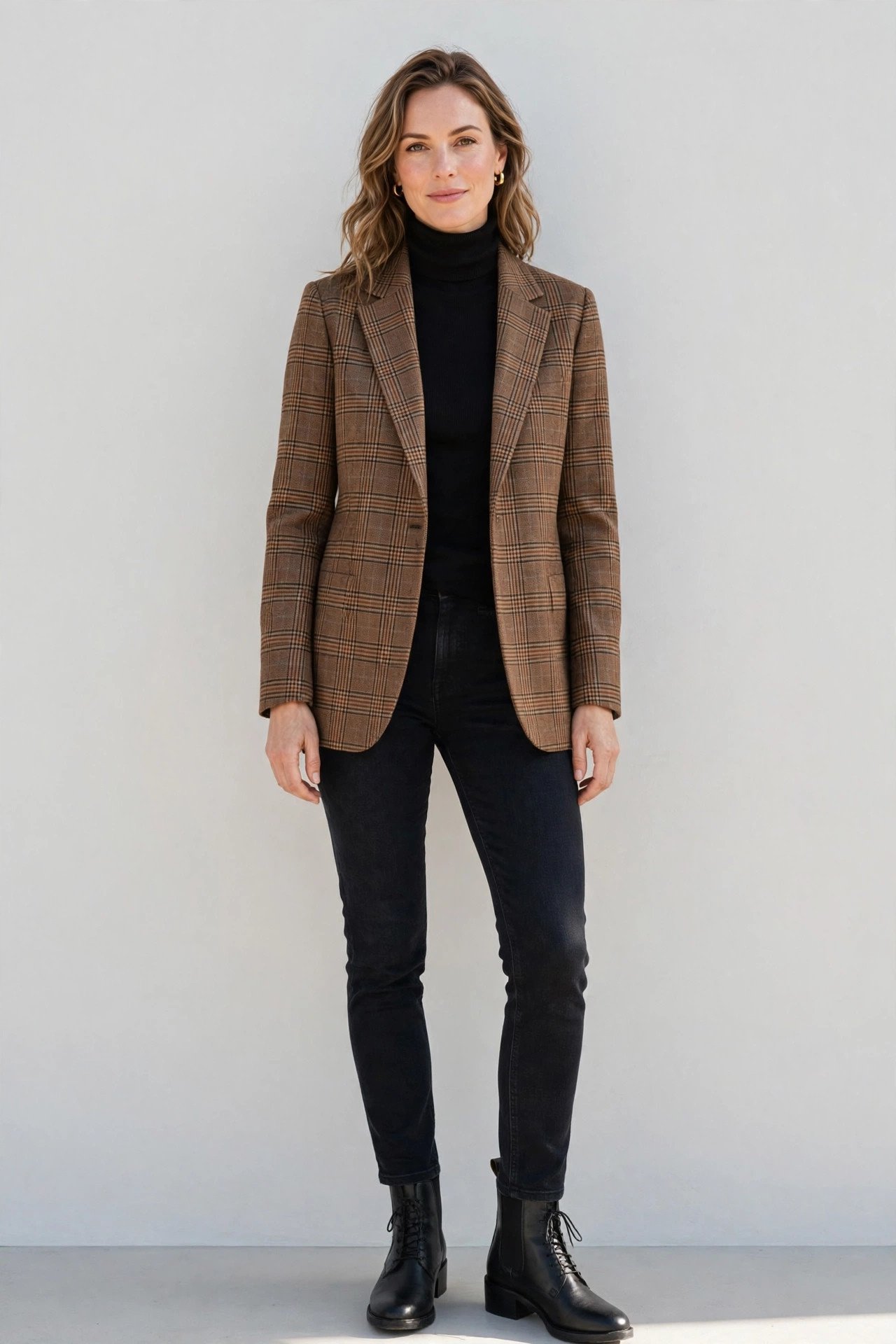 winter work outfits for women - plaid blazer with black turtleneck and jeans