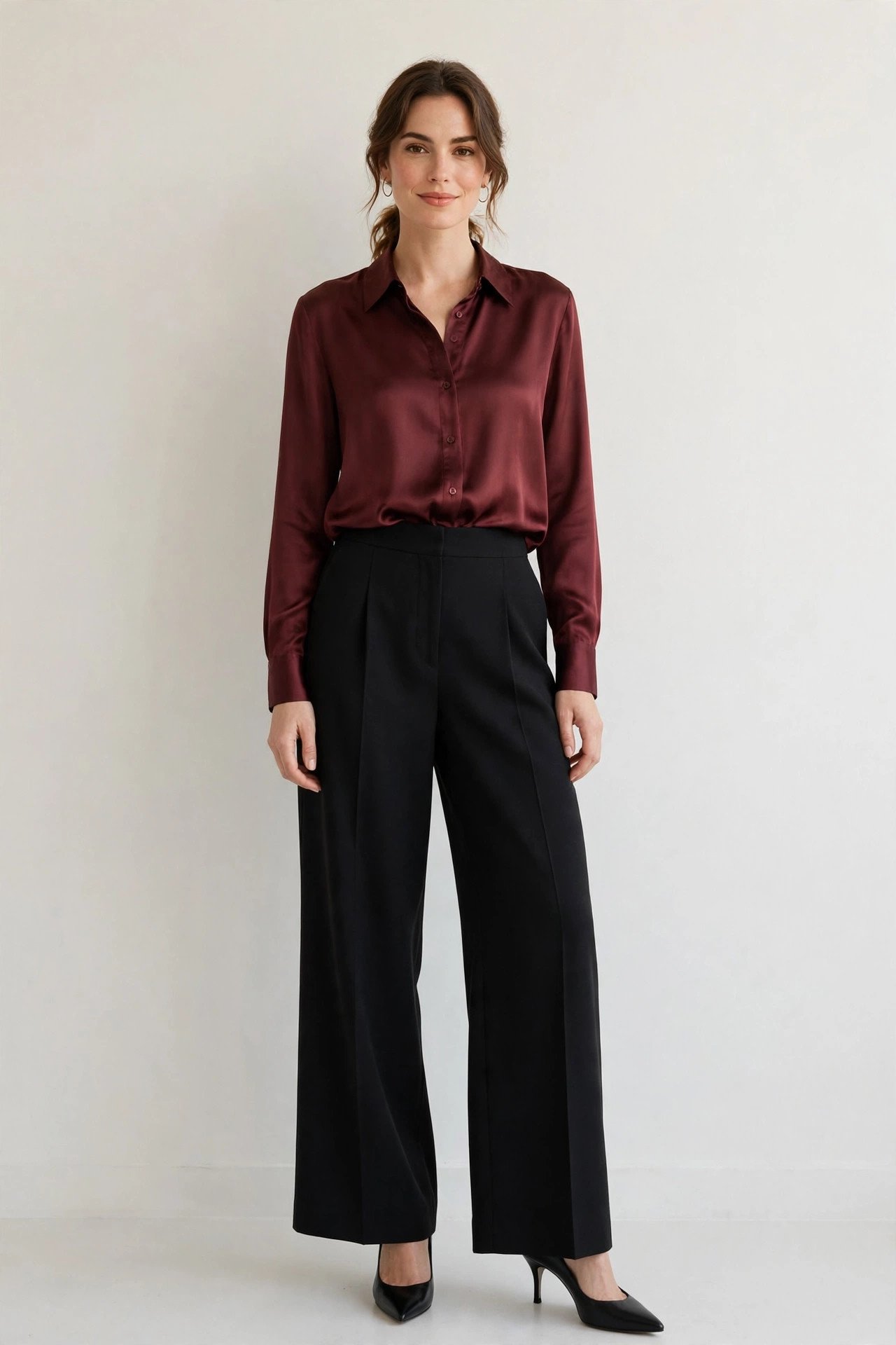 winter work outfits for women - burgundy blouse with black wide leg pants